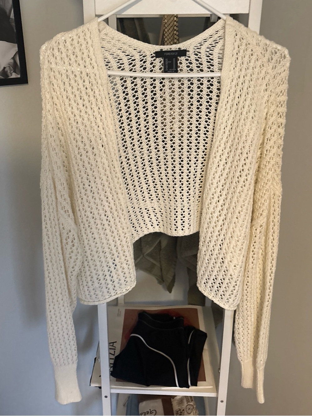 Forever 21 Cream Open-Knit Crochet Cropped Cardigan